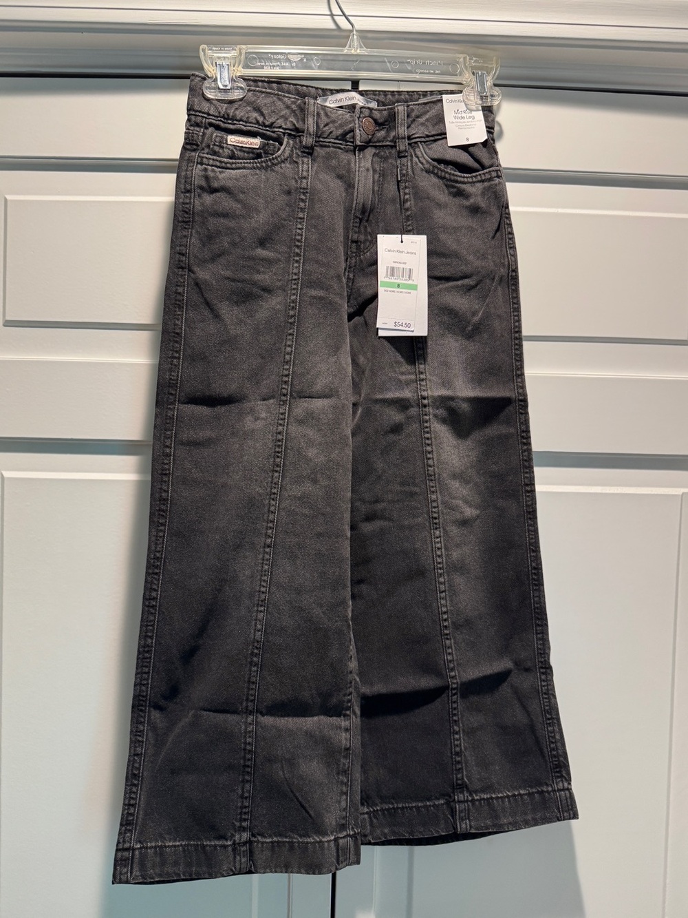 Calvin Klein Girls Mid Rise Wide Leg Jeans in Charcoal Black